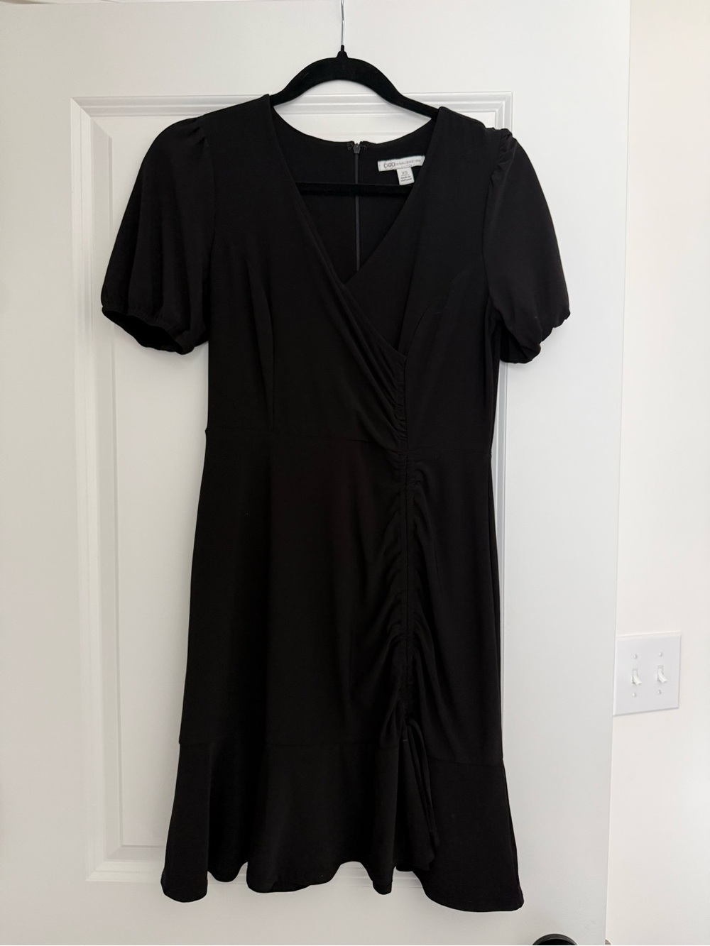 Cato Black Midi Dress with Puff Sleeves and Ruched Front